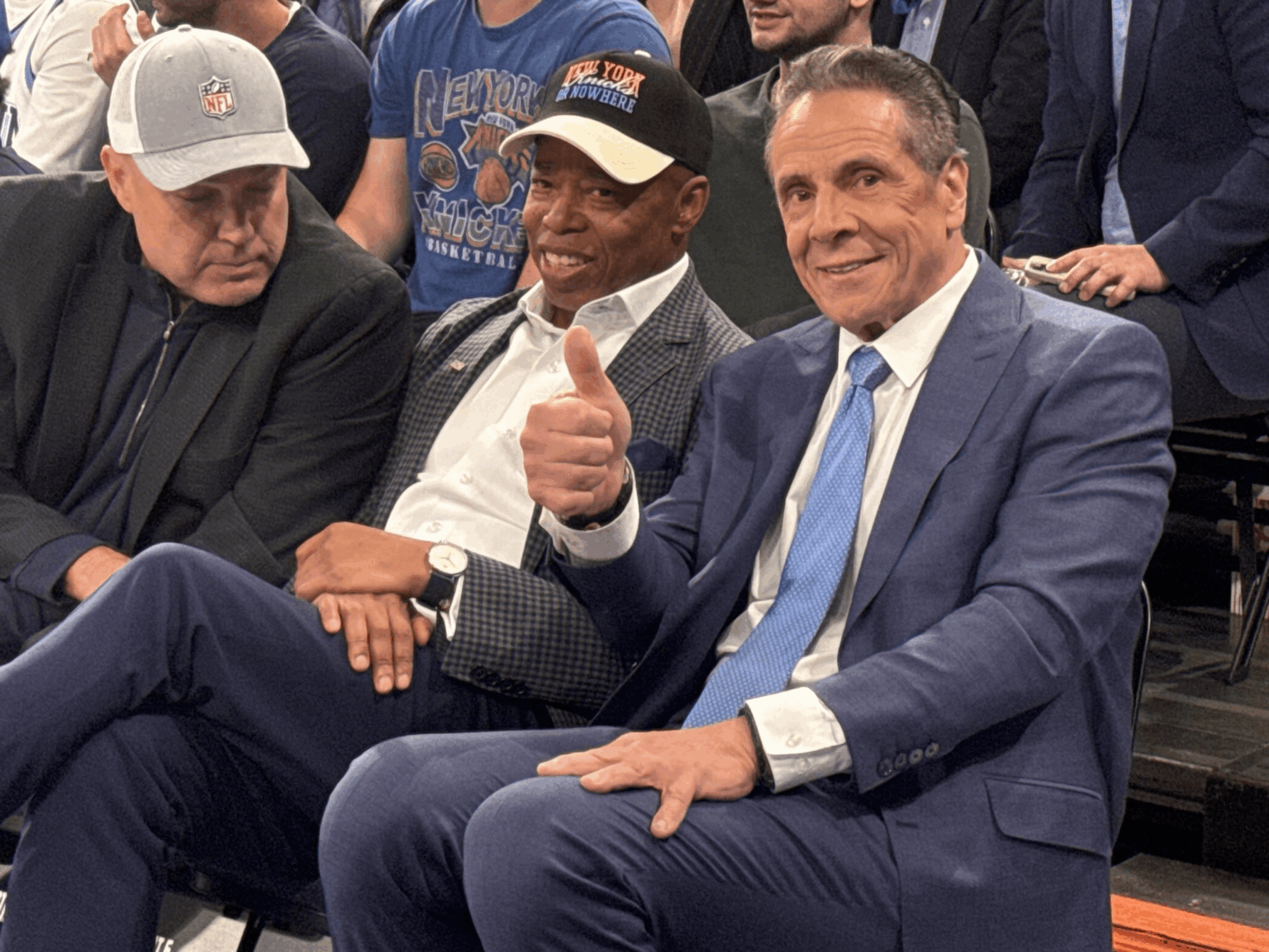 New York City's two greatest villains, Eric Adams and Andrew Cuomo, sitting together at the Knicks game immediately after the mayoral debate, which Cuomo participated in, ended.