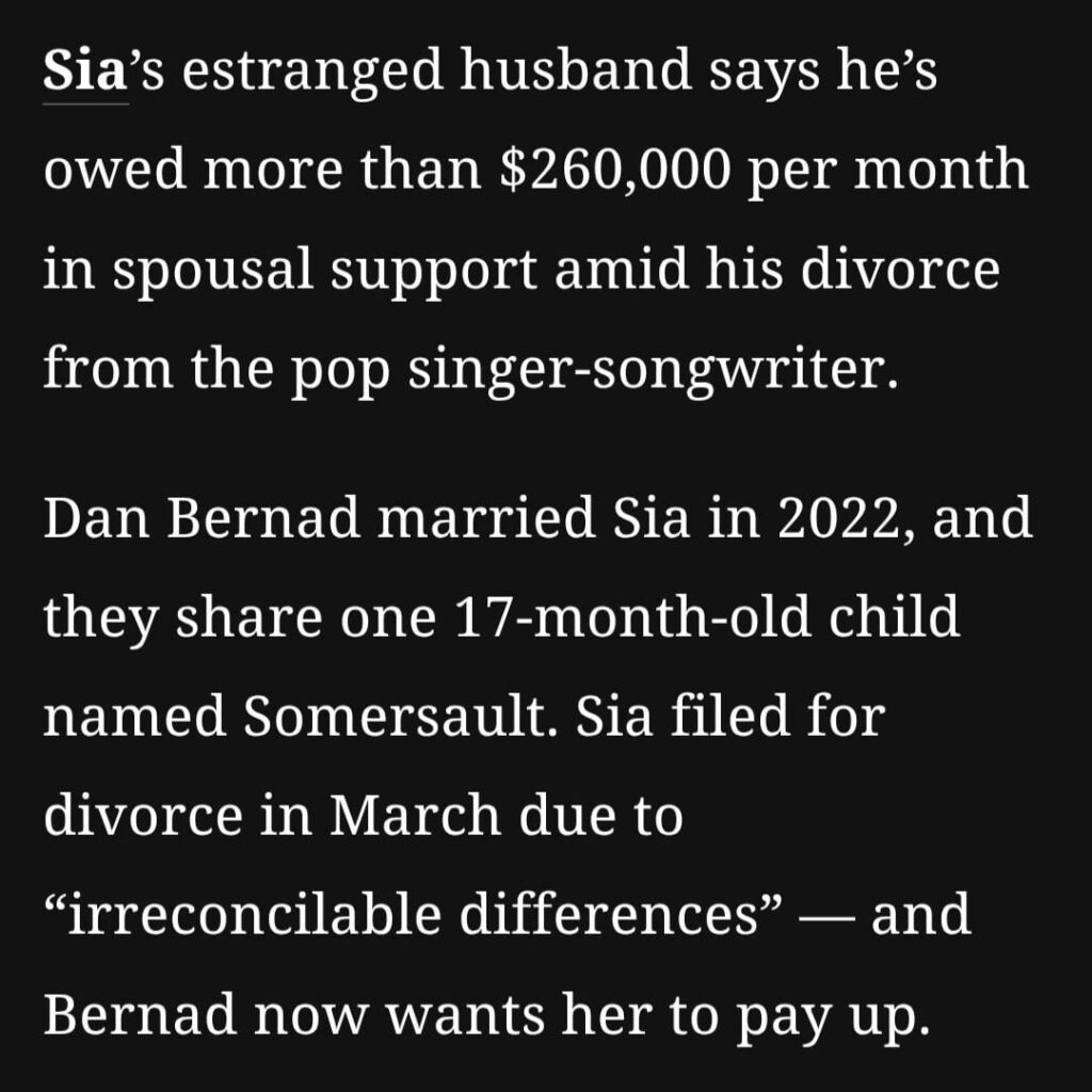 Sia's estranged husband wants $260,000 per month to maintain "upper-class lifestyle".
