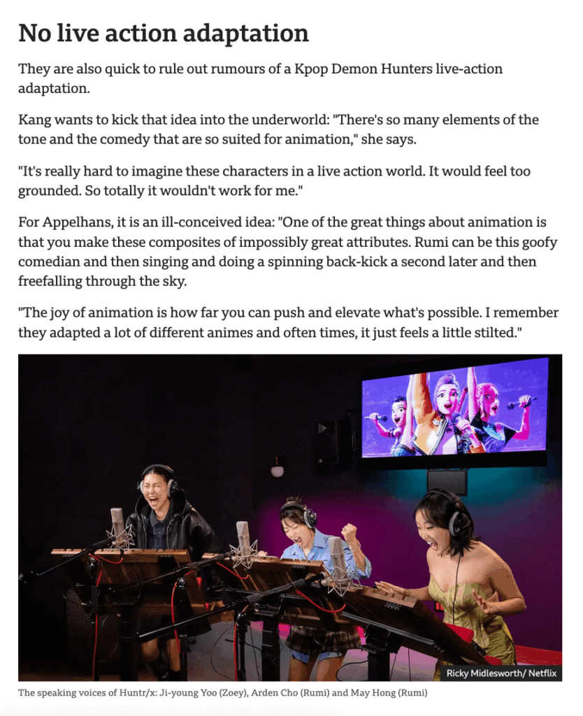 Despite rumors, there will be no live adaptation of Kpop Demon Hunters: "There's so many elements of the tone and comedy that are suited for animation. It would feel too grounded."
