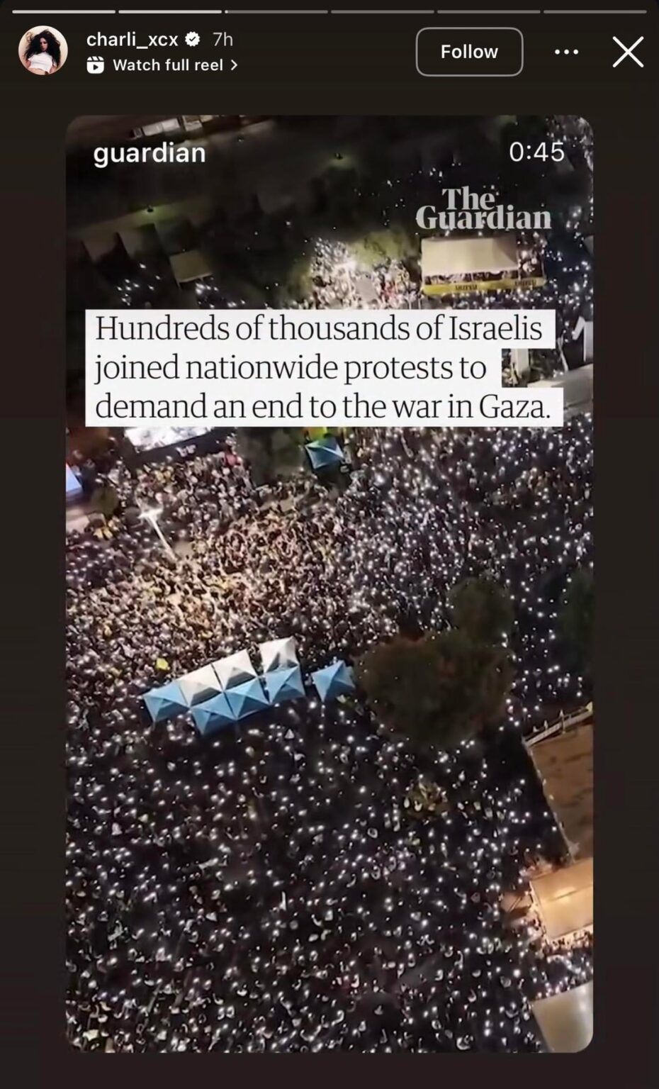While additional eyes are on her, Charli xcx has shared the Guardian’s coverage of the nationwide protests going on in Israel