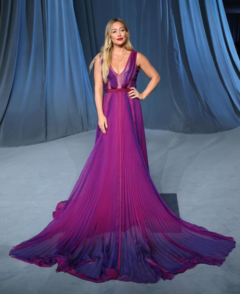 Hilary Duff wearing Alberta Ferretti at the 5th Annual Academy Museum Gala in Los Angeles