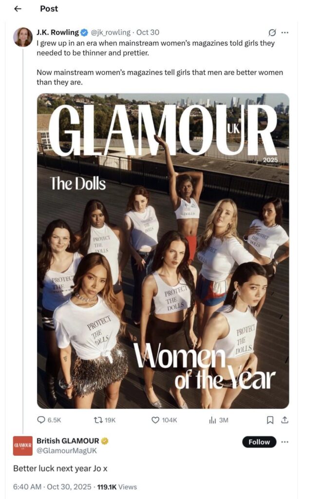 Glamour UK responds to J.K Rowling criticising Women of the Year cover: "Better luck next year Jo x"