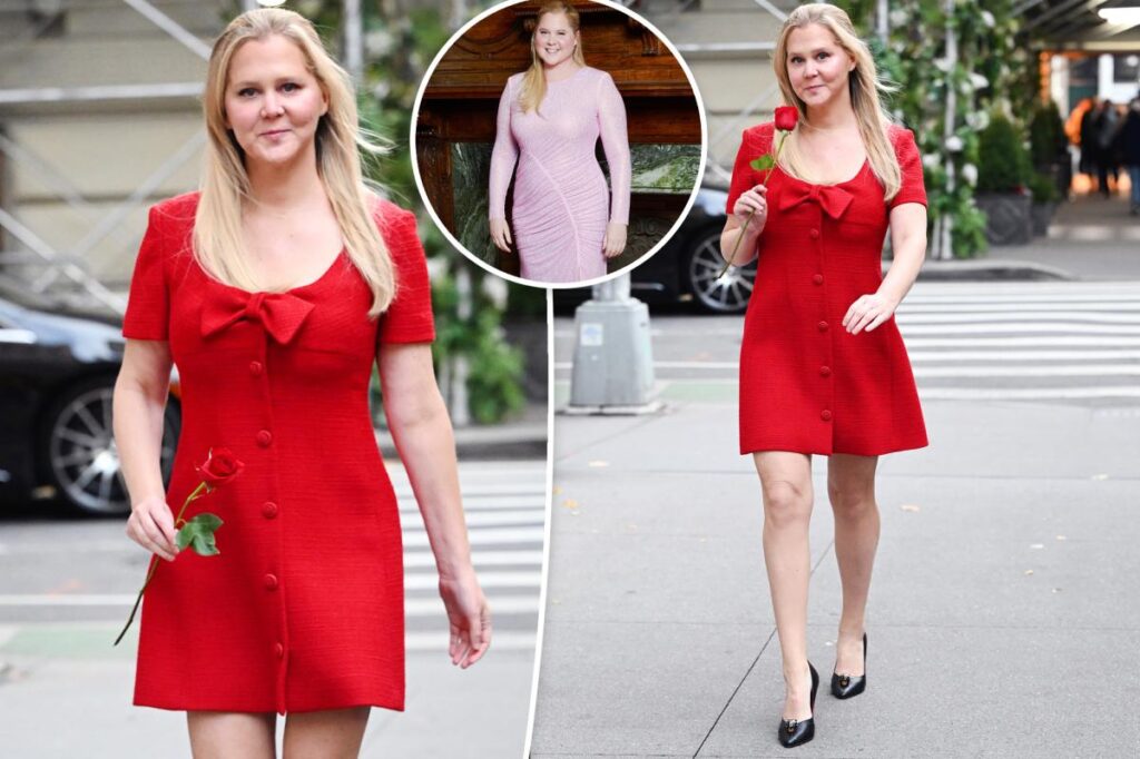 Amy Schumer shows off Mounjaro-fueled slimdown in romantic red dress