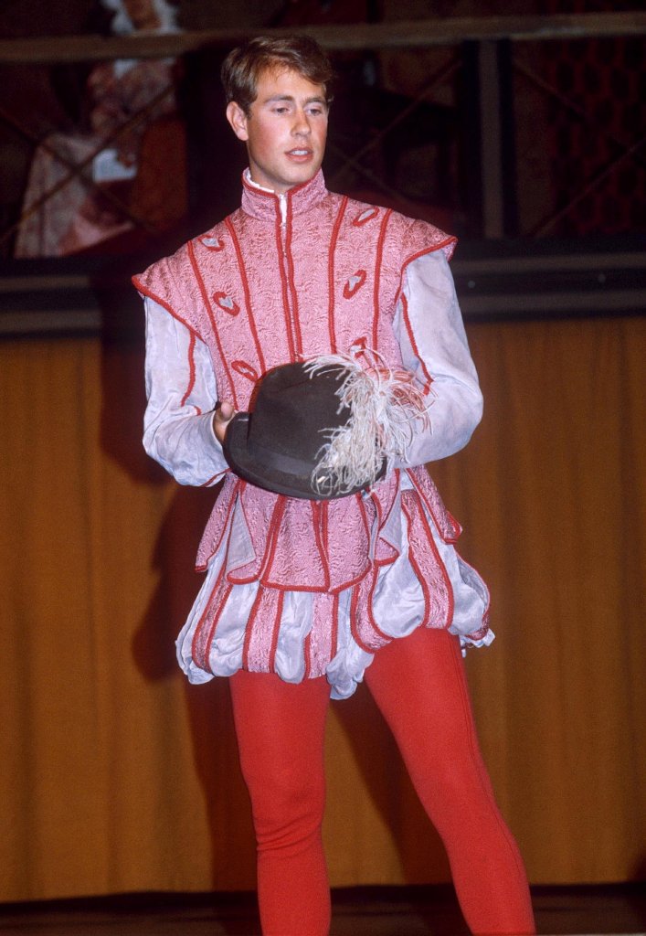Prince Edward Earl Of Wessex Clad In Shakespearean Doublet And Hose At Dress Rehearsal For The Part Of Biondello In The Taming Of The Shrew, stood on stage, in 1985