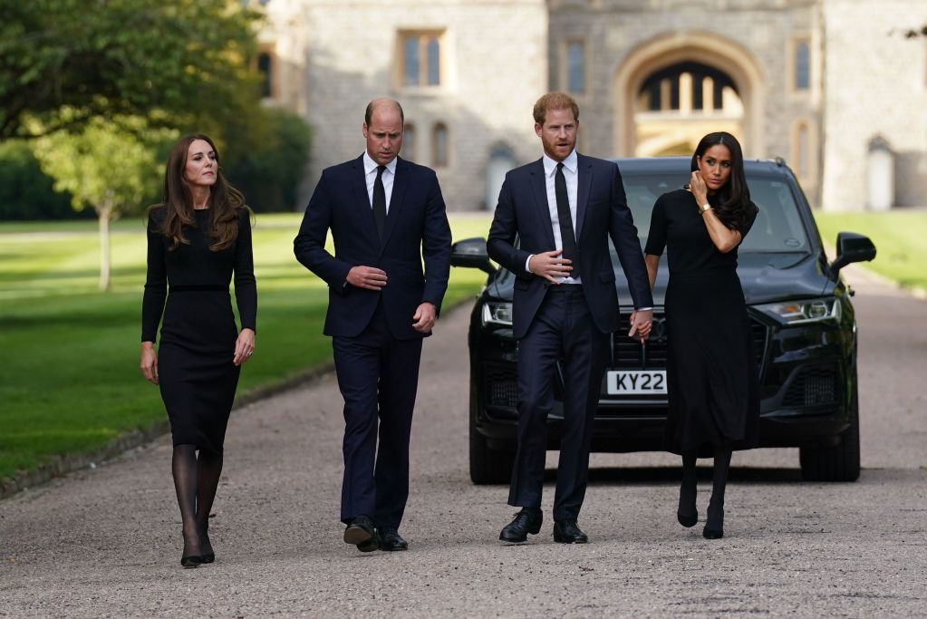 Kate Middleton, Prince William, Harry and Meghan Markle during Windsor walkabout
