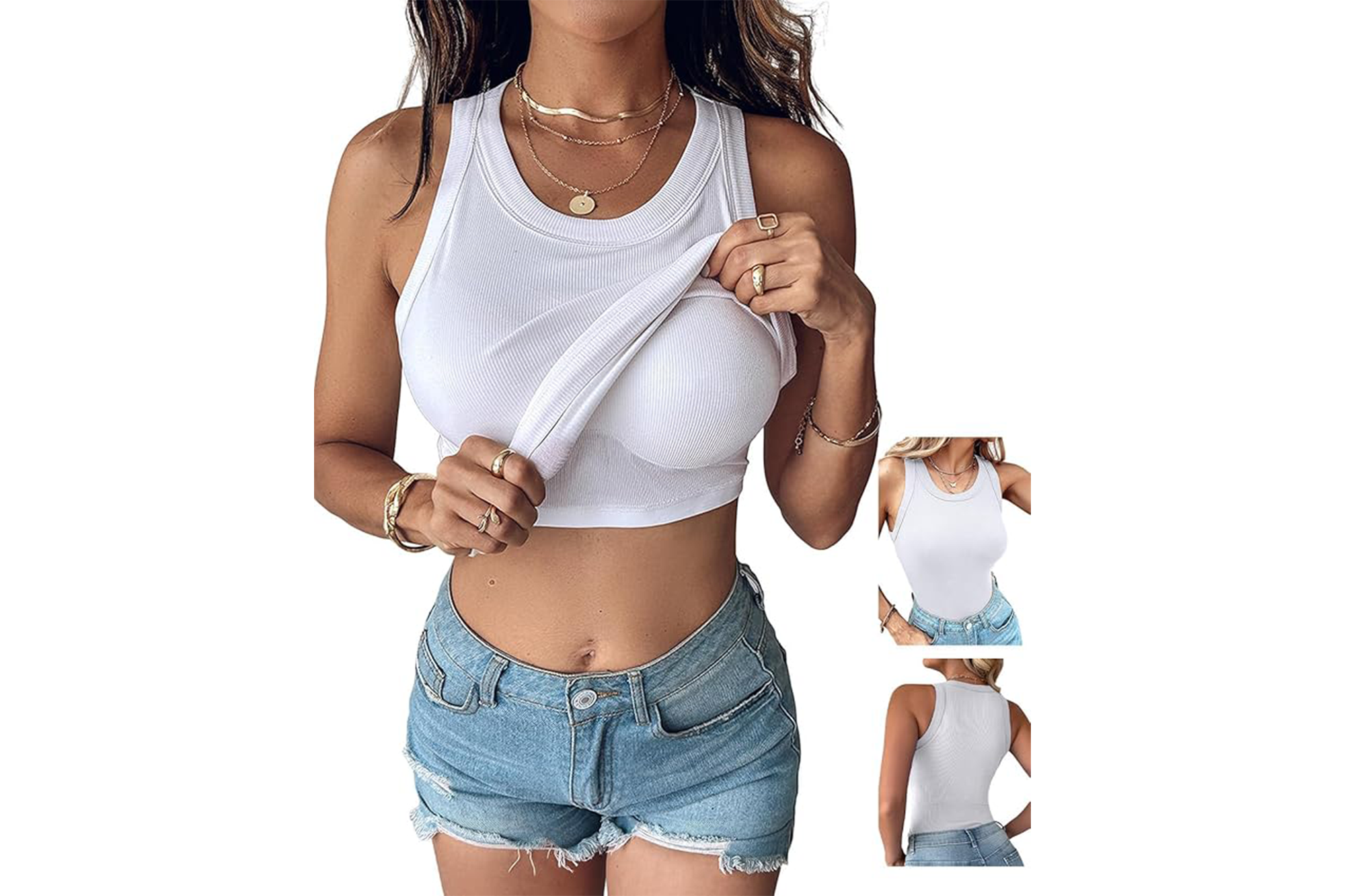 A woman in a white ribbed tank top and denim shorts pulls up the tank top to show the built-in bra.