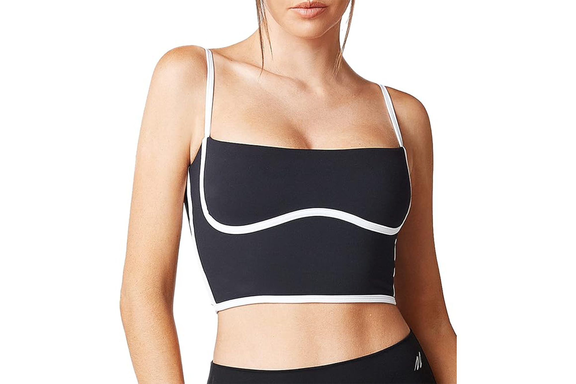 A sports bra in black with white trim.