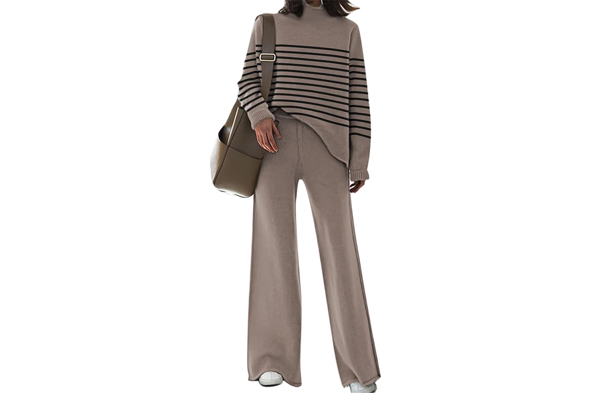 Two-piece tan sweatsuit with a striped turtleneck sweater and wide-leg pants.