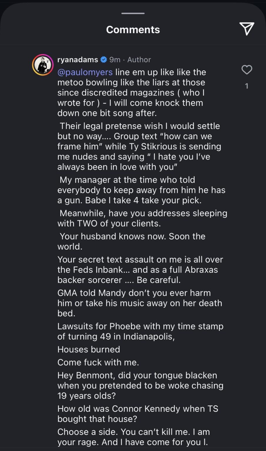 Ryan Adams continues social media crashout, accuses former manager of sending him nudes, Mandy Moore of something, Jack White and Benmont Trench of chasing women, Phoebe Bridgers of framing him, Taylor Swift of grooming Connor Kennedy and more