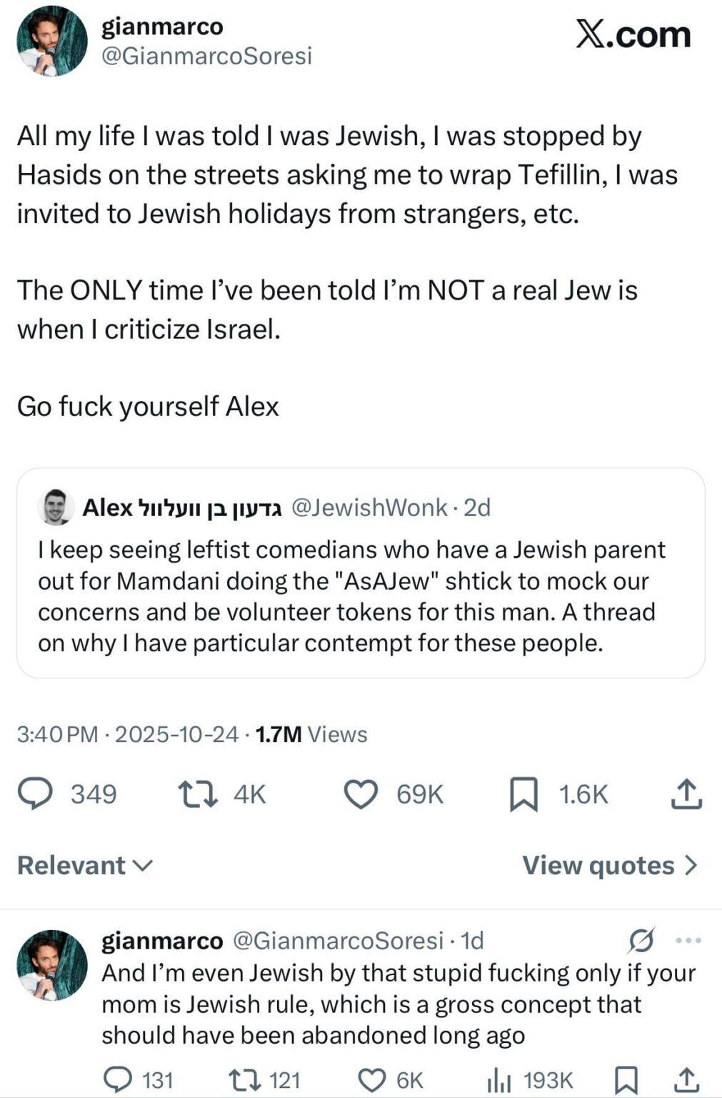 Gianmarco Soresi: “The ONLY time I’ve been told I’m NOT a real Jew is when I criticize Israel.”