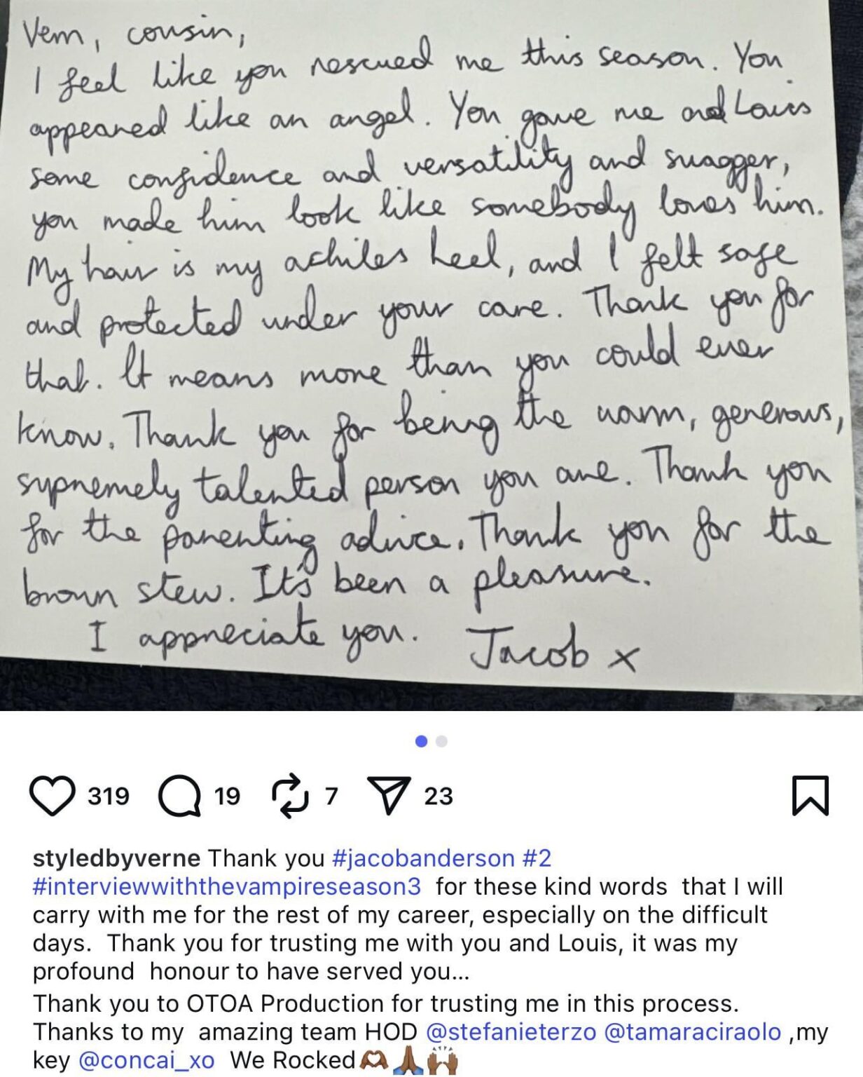 Jacob Anderson wrote his hair stylist on ‘Interview with the Vampire’ the sweetest thank you note