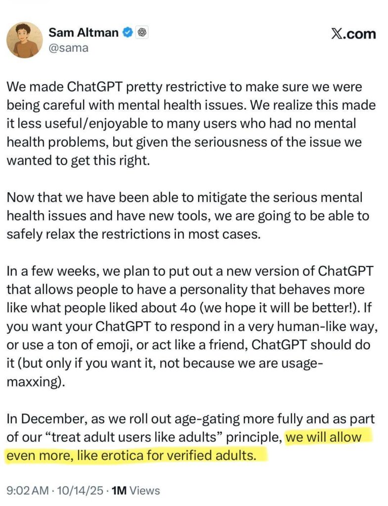 ChatGPT to "relax the restrictions" and soon allow erotica for verified adults.