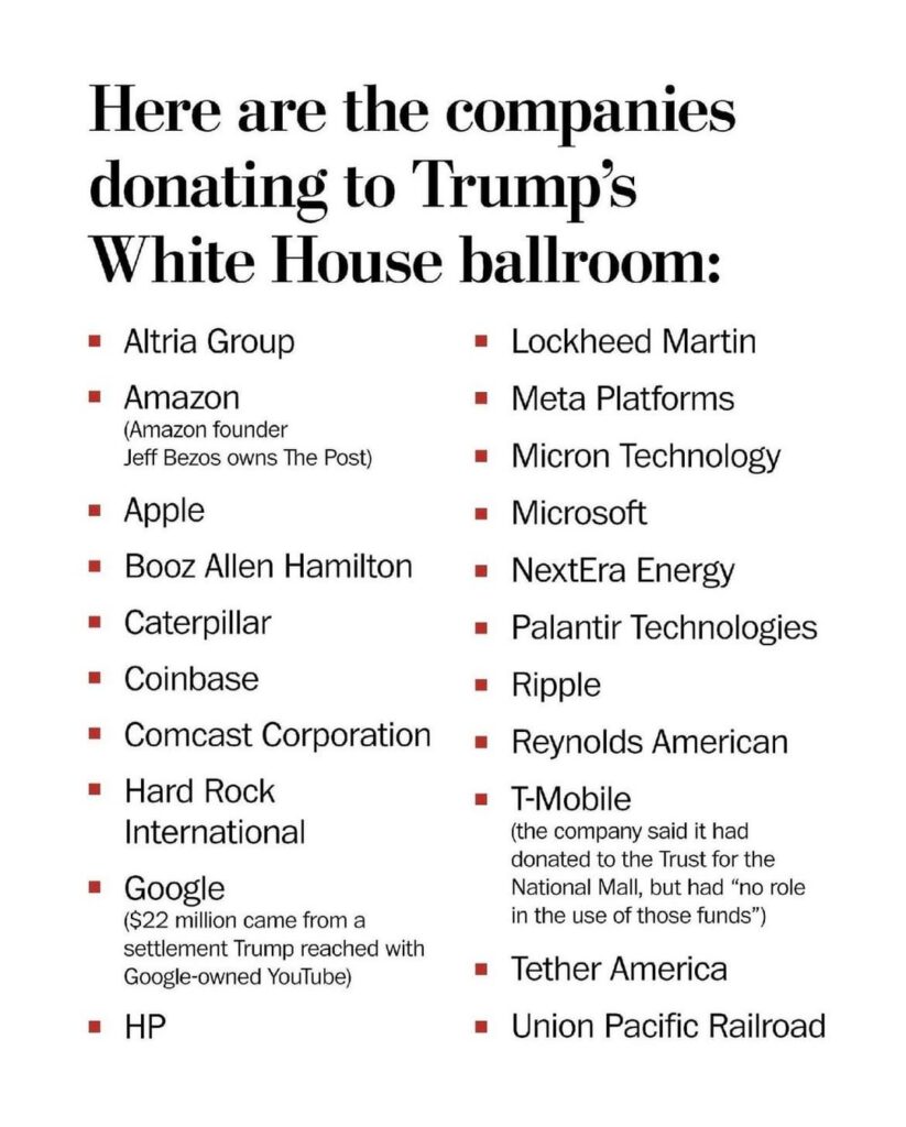 Per the Washington Post: Here are the companies donating to Trump's White House ballroom