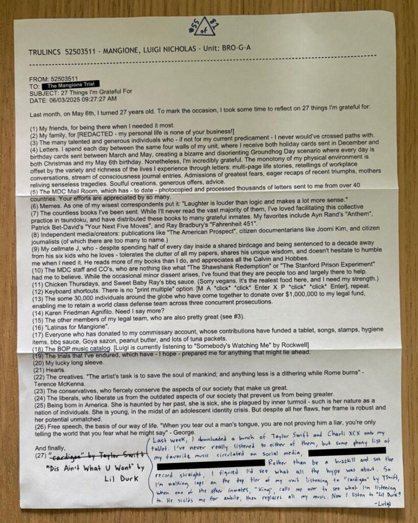 Luigi Mangione is listening to Taylor Swift and Charli XCX in prison, according to new letter