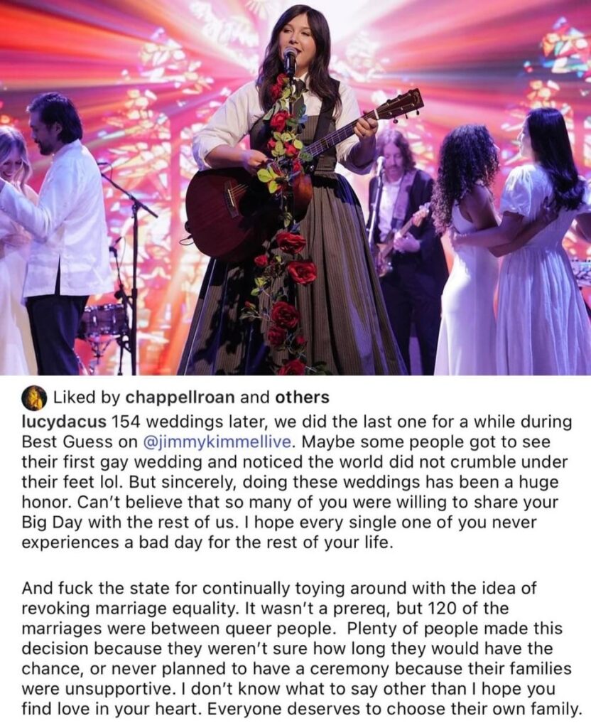 Lucy Dacus: “Fuck the state" for reconsidering marriage equality. She officiated 120 weddings between queer people while on tour and ‘Kimmel’ and says many of the couples “made this decision because they weren’t sure how long they would have the chance”