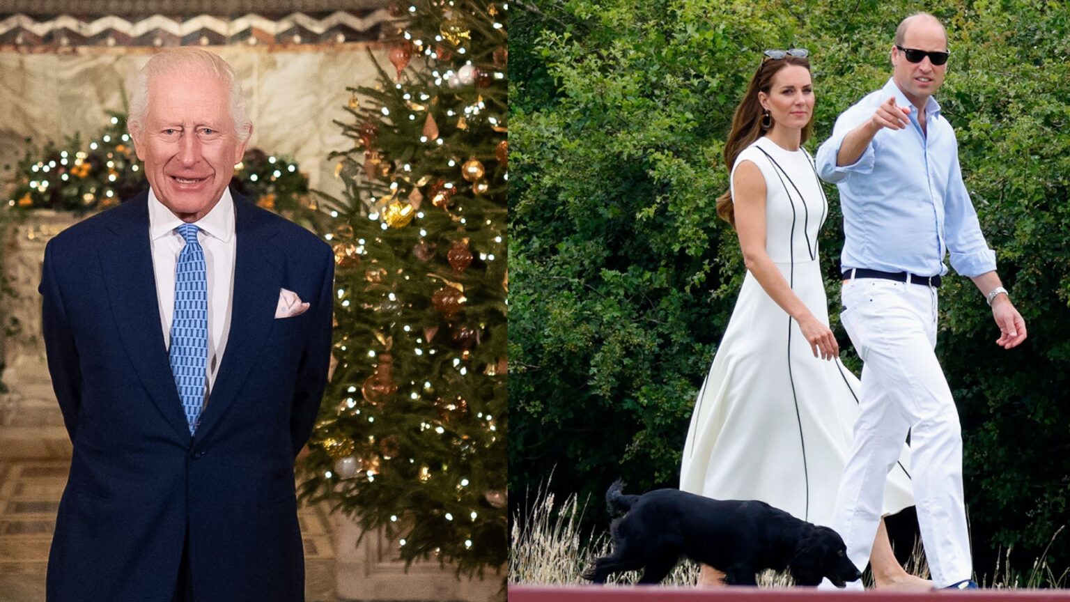 King Charles Announces Return of Christmas Spectacular at Sandringham—and William and Kate’s Dog Is Invited King Charles standing in front of a Christmas tree in a blue suit and tie; Prince William, wearing a blue shirt and white trousers, and Kate Middleton, wearing a white dress, walking their dog in front of a tree