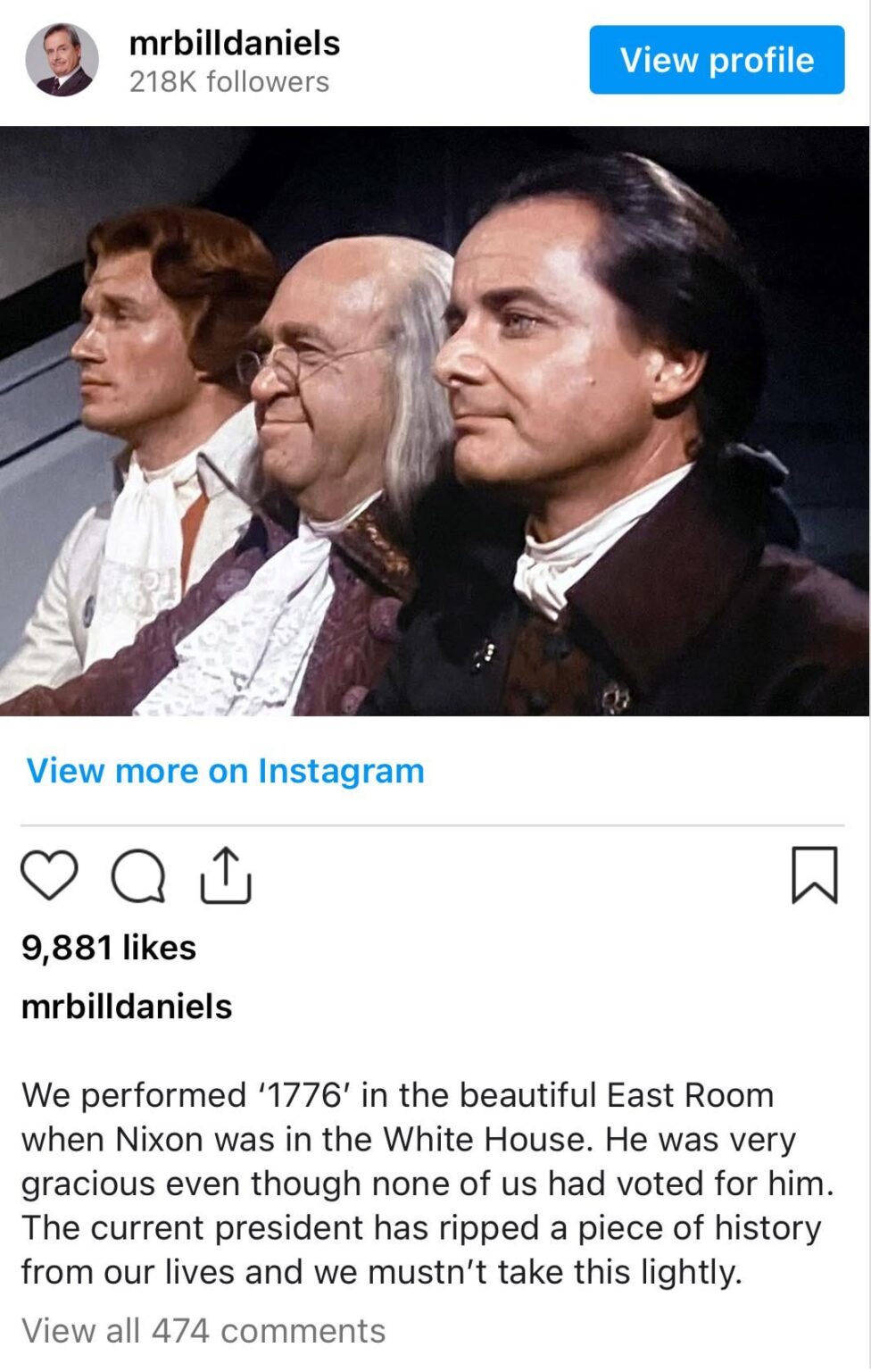 Boy Meets World star William Daniels blasts Trump's latest move: “We performed 1776 in the beautiful East Room when Nixon was in the WH. He was gracious even though none of us had voted for him. The current president has ripped a piece of history from our lives and we mustn’t take this lightly."