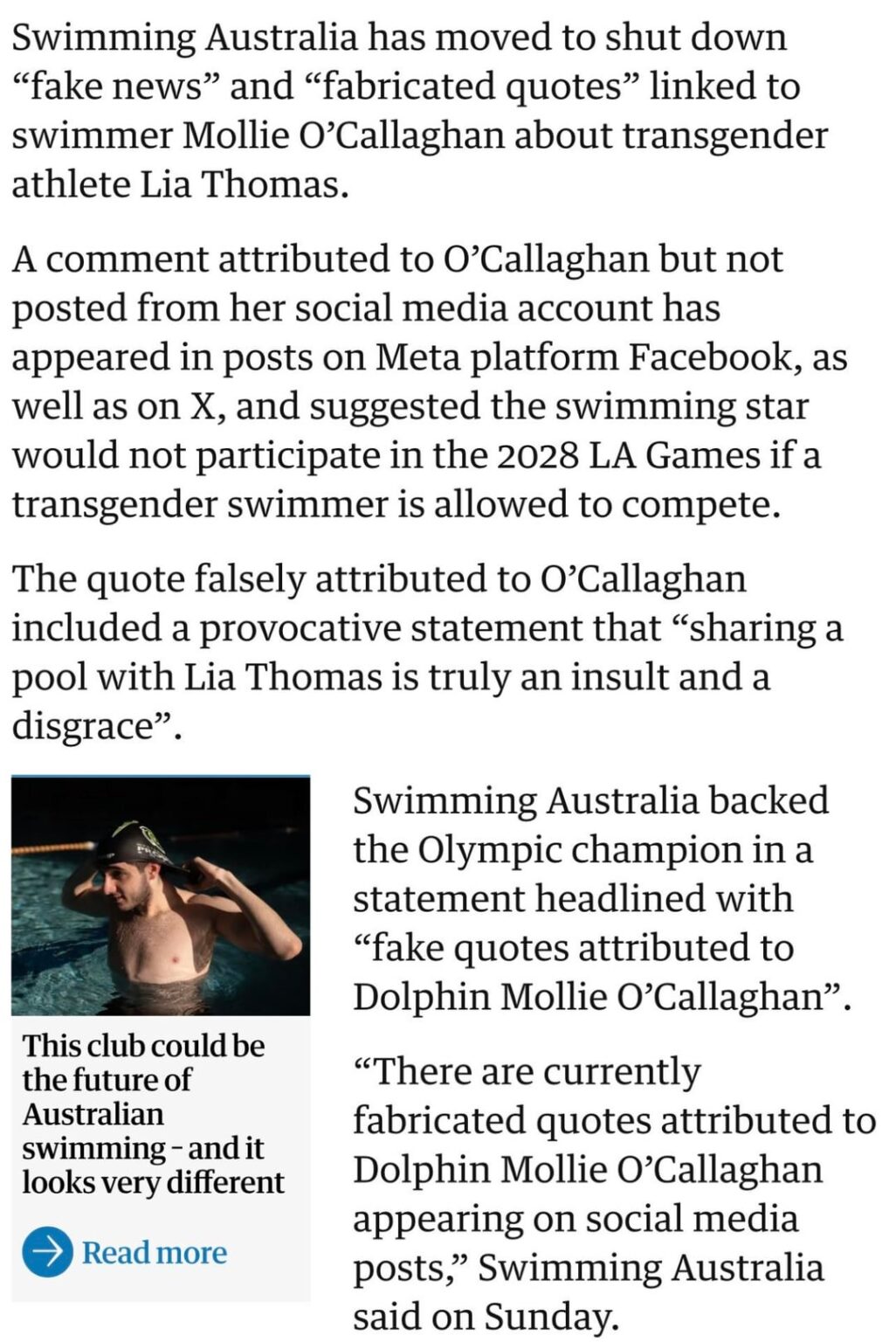 Transgender athlete, Lia Thomas, is being targeted with false anti-LGBTQ+ quotes on social media. Meta has been advised of the fake news, but says the Company is currently “investigating” and the posts remain up.