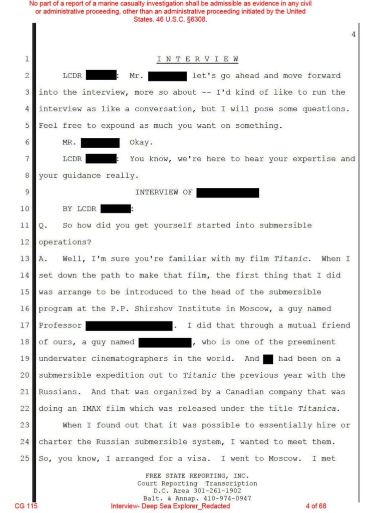 In interview transcripts as part of the Oceangate disaster investigation, one of the experts whose name is redacted talks a lot about movies he's directed like Titanic and The Abyss