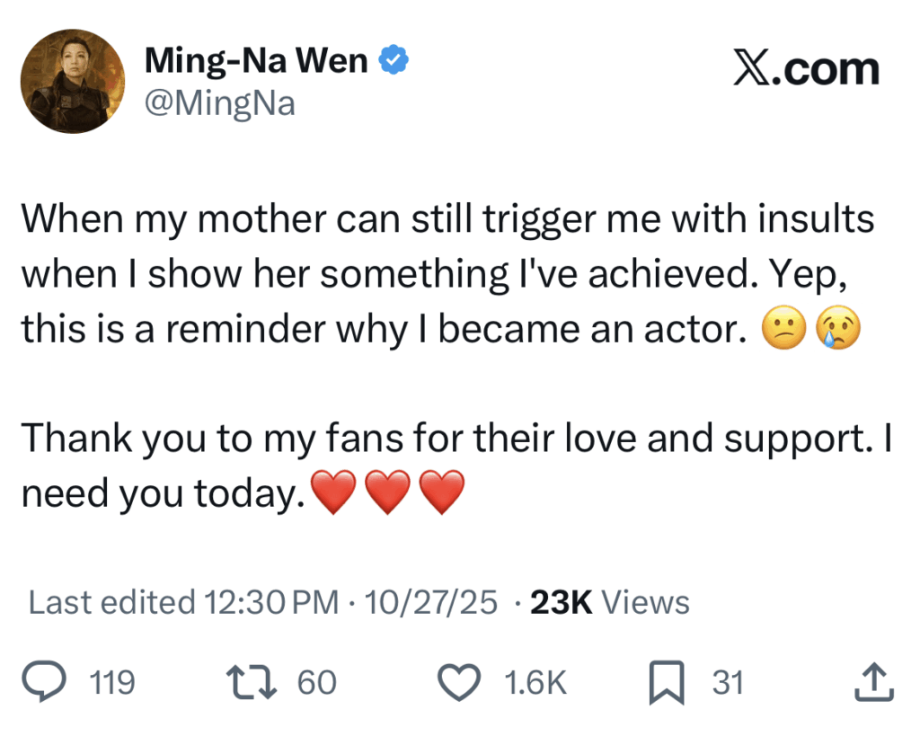 Ming-Na Wen thanks fans for their support after sharing that her mother still insults her when she shares an achievement with her