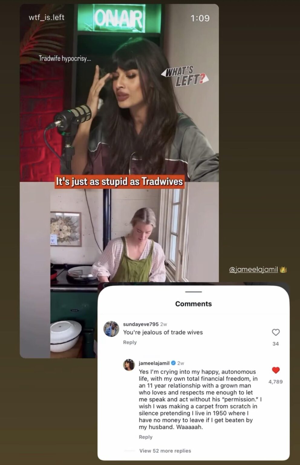 Jameela Jamil responds to comment saying she is jealous of tradwives
