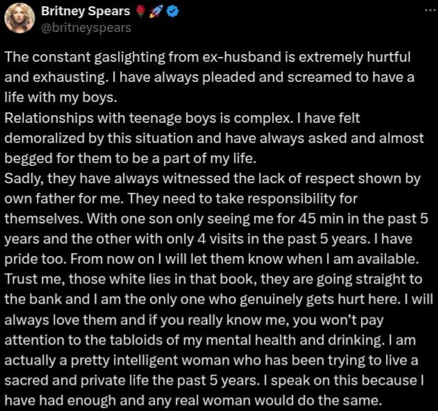 Britney Spears opens up about recent allegations made by her ex-husband Kevin Federline about her relationship with their two children.