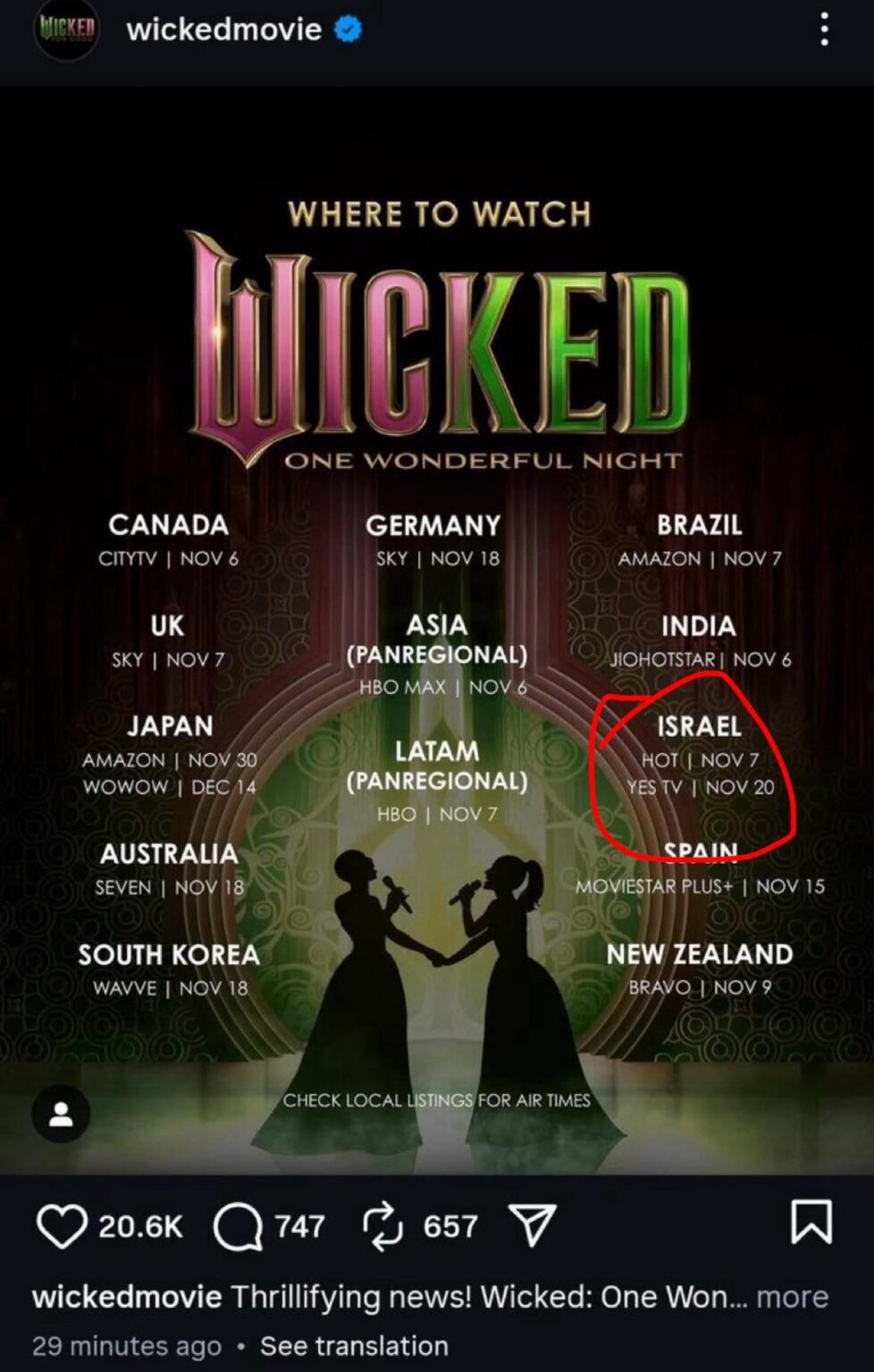 The official Wicked Movie Instagram account announces in now deleted post that they will be airing Wicked: One Wonderful Night in Israel