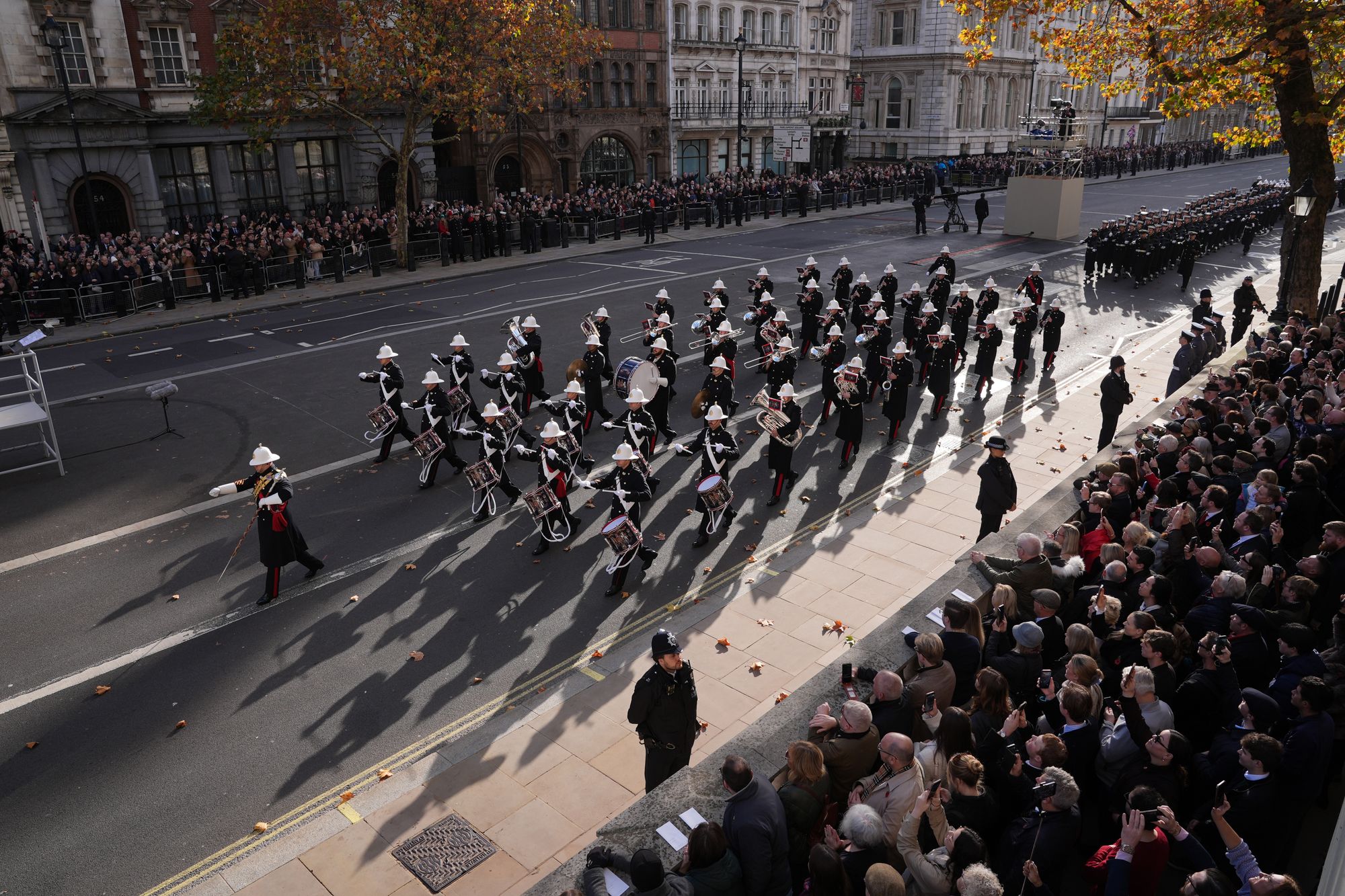 The band of the Royal Marines marches on Whitehall