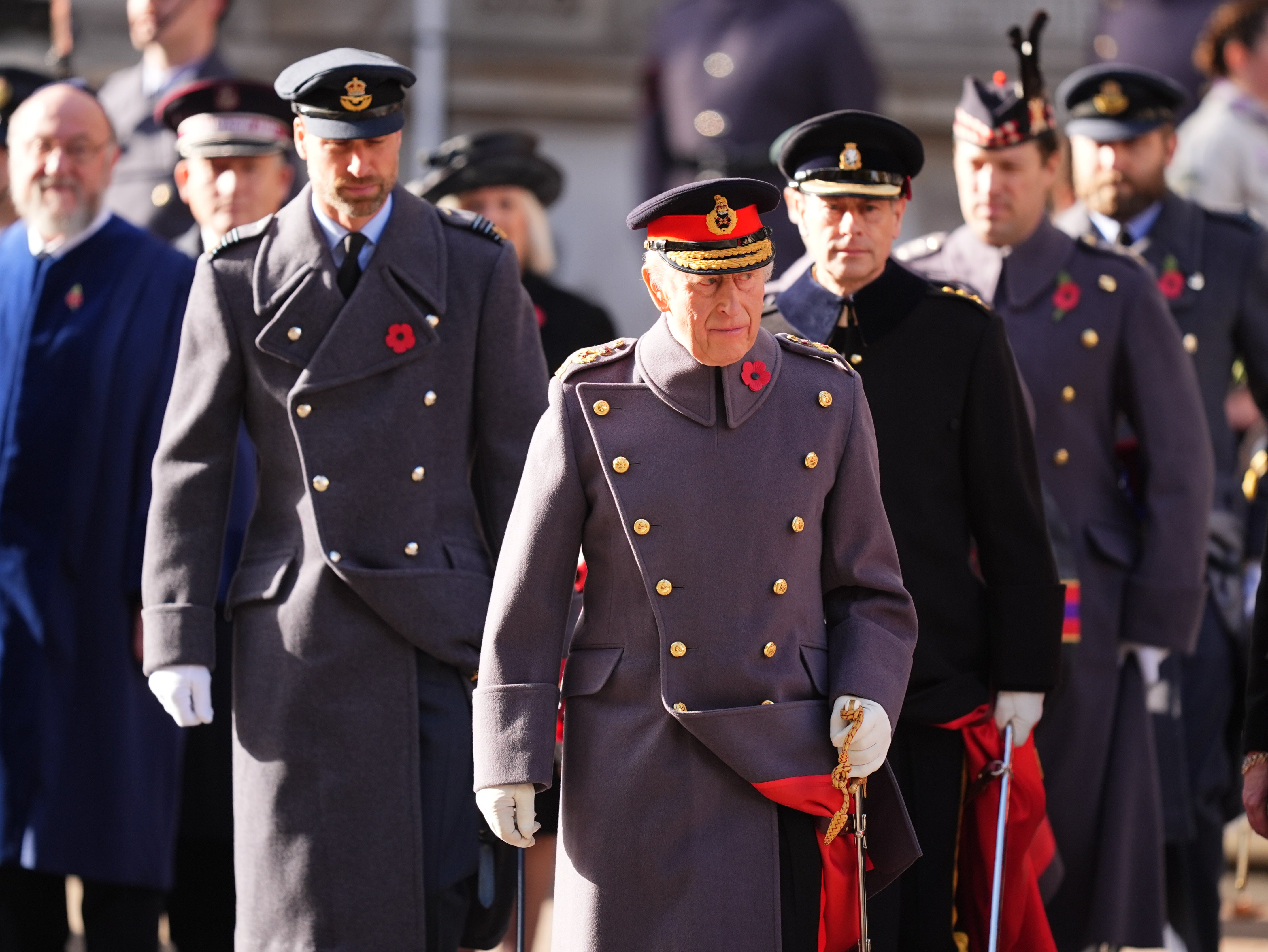 King Charles followed by the Prince of Wales (left) and the Duke of Edinburgh (right) during the Remembrance Sunday service at the Cenotaph in London