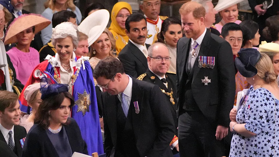 Princess Eugenie and Jack Brooksbank with Prince Harry, Duke of Sussex at the coronation ceremony of King Charles III and Queen Camilla 