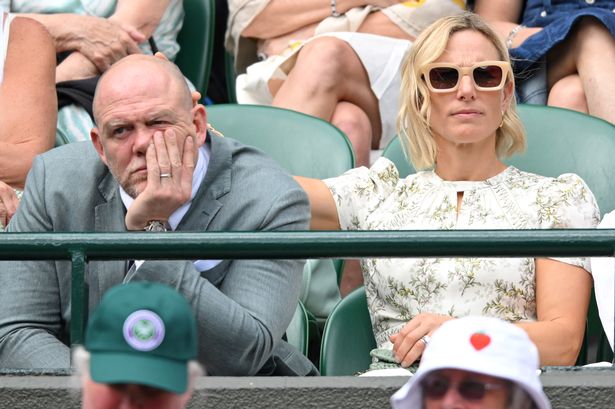 Mike Tindall and Zara Tindall court-side on day ten of the Wimbledon Tennis Championships at the All England Lawn Tennis and Croquet Club on July 10, 2024 in London, England.