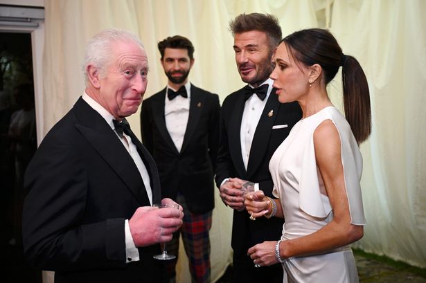 King Charles III, David Beckham and Victoria Beckham during a dinner at Highgrove House 