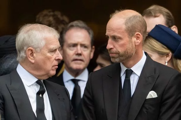 Prince Andrew, Duke of York and Prince William, Prince of Wales attend the funeral of The Duchess of Kent at Westminster Cathedral on September 16, 2025 in London, England. 