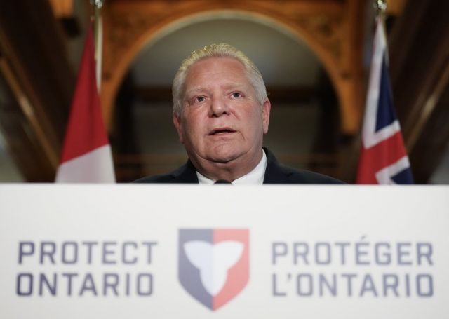Ontario Premier Doug Ford speaks to the media during a press conference at Queen's Park in Toronto on Monday, Oct. 27, 2025. THE CANADIAN PRESS/Nathan Denette