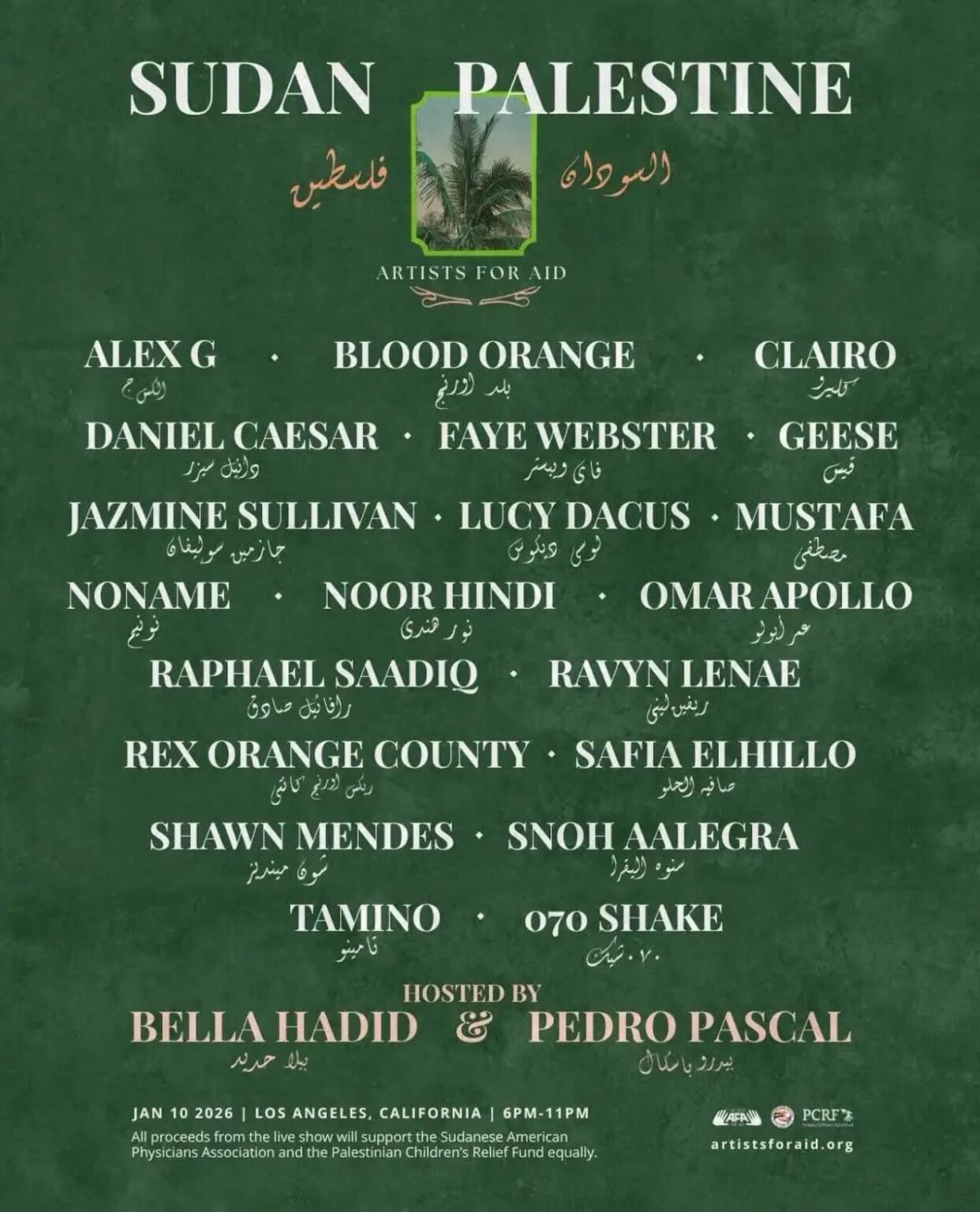 lineup for artists for aid, hosted by bella hard and pedro pascal