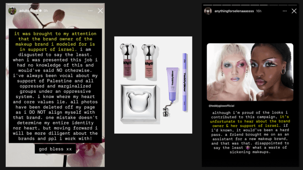 Hila Klein launched her new makeup brand 'Teddy Glow' and was immediately disavowed by the models and makeup artists once they found out she supports Israel. Klein's fans have been harassing them, calling them slurs, and even sending death threats