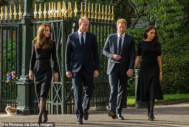 Harry and William, with their wives, put on a rare united front during a procession following their grandmother's death. It was to mark the last time to date that Meghan touched British soil