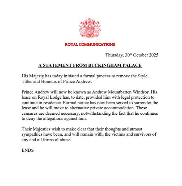 In a bombshell statement released last week, Buckingham Palace said he will now be known as Andrew Mountbatten Windsor