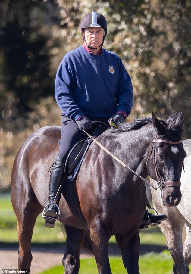 Andrew (pictured riding at Windsor Castle earlier this year) and his ex-wife Sarah Ferguson were effectively thrown out by their ears by King Charles after both were exposed as having lied about breaking off contact with billionaire paedophile Jeffrey Epstein in the years following his 2008 conviction and plea deal for organising child prostitution
