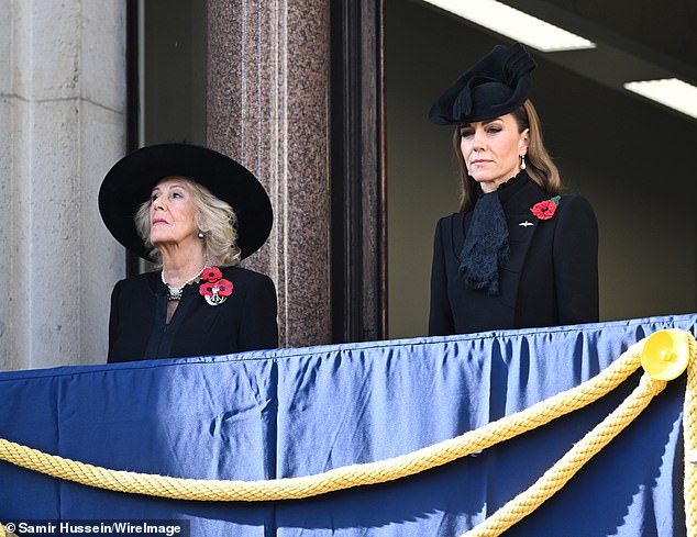 Today, she also honoured her grandfather, Peter Middleton, by opting to wear a gold winged RAF brooch, which she carefully placed next to her poppy