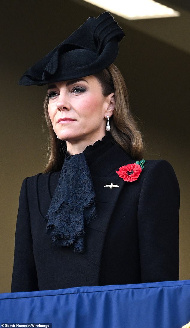 Kate paid a touching tribute to Princess Diana by wearing her Collingwood earrings, inherited from her late mother-in-law during the National Service of Remembrance