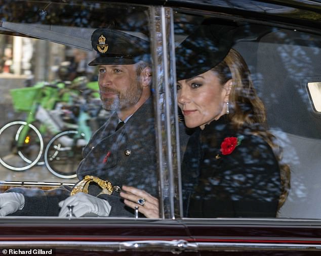 She travelled to the Cenotaph by car alongside her husband Prince William as she waved at crowds of well-wishers