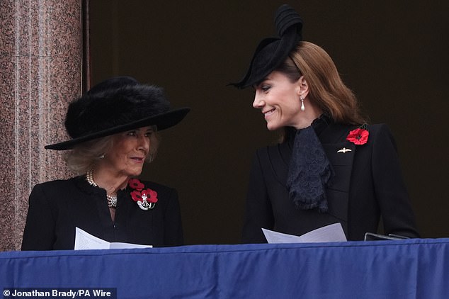 The Princess of Wales and Queen Camilla are pictured smiling and conversing at the Cenotaph in central London