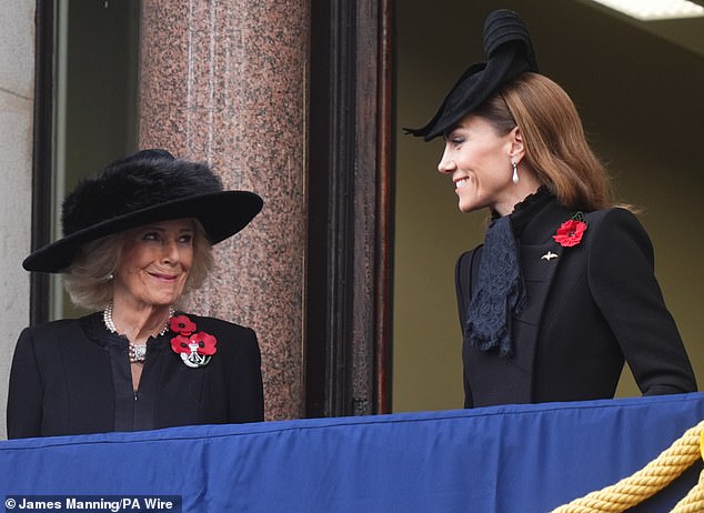 Queen Camilla and Kate, the Princess of Wales shared a 'warm' exchange during today's Remembrance Day service in London, UK body language expert Judi James claimed