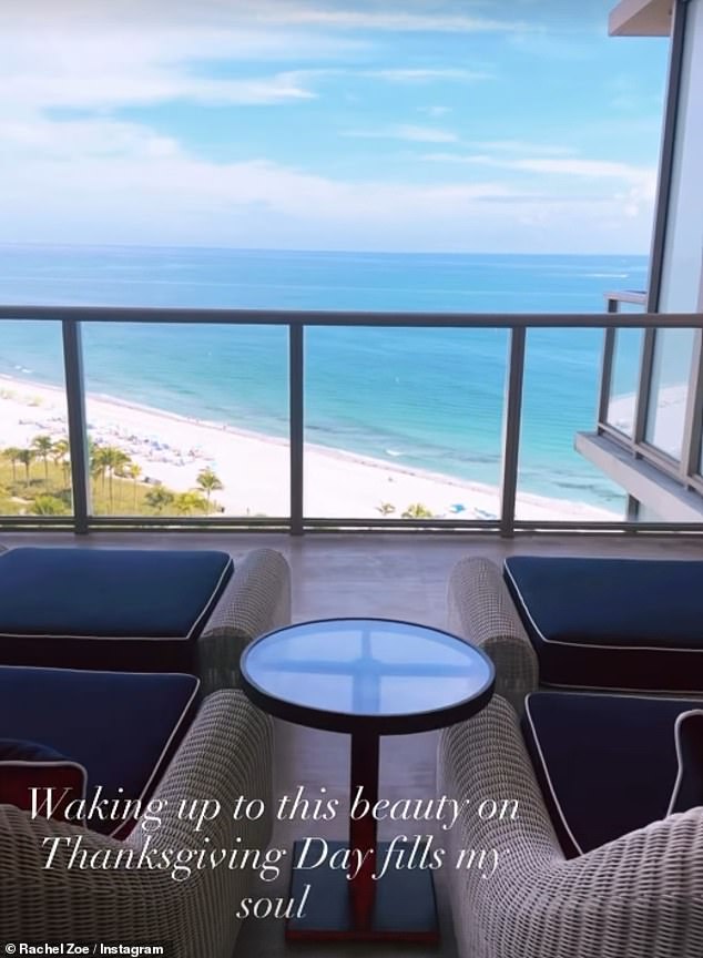 Rachel Zoe shared a breathtaking ocean view Thanksgiving morning from the balcony of her room at The St. Regis Bal Harbour Resort in Miami Beach