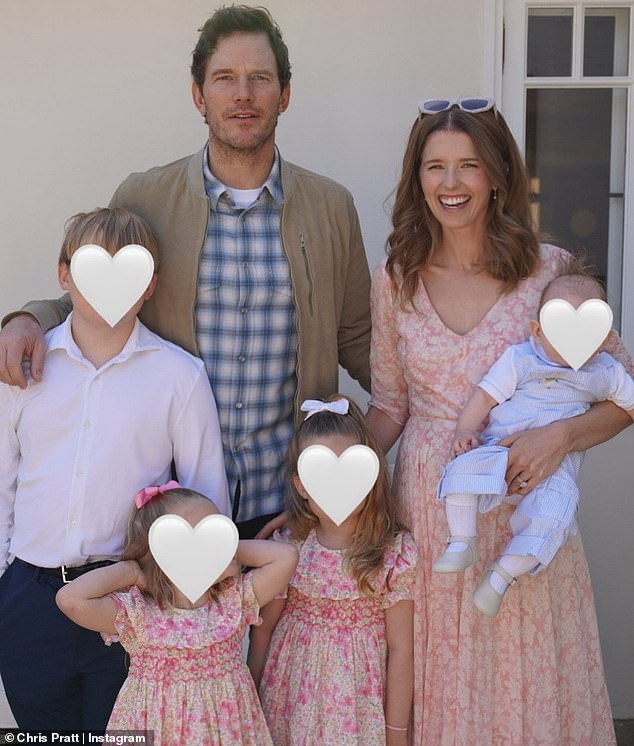 Chris Pratt posed with his wife Katherine Schwarzenegger and his children - Lyla, five, Eloise, three, and Ford, one, whom he had with her, as well as his 13-year-old son Jack by Anna Faris