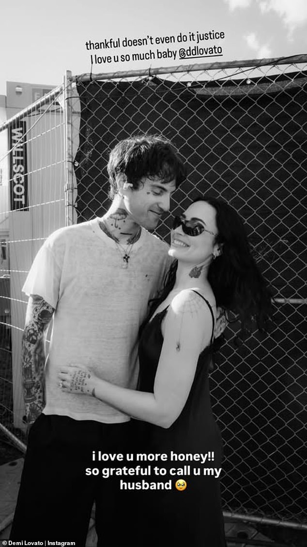 Demi Lovato joyously re-posted a photo that her husband Jutes uploaded to her Insta Stories of them together, as they both expressed gratitude for one another