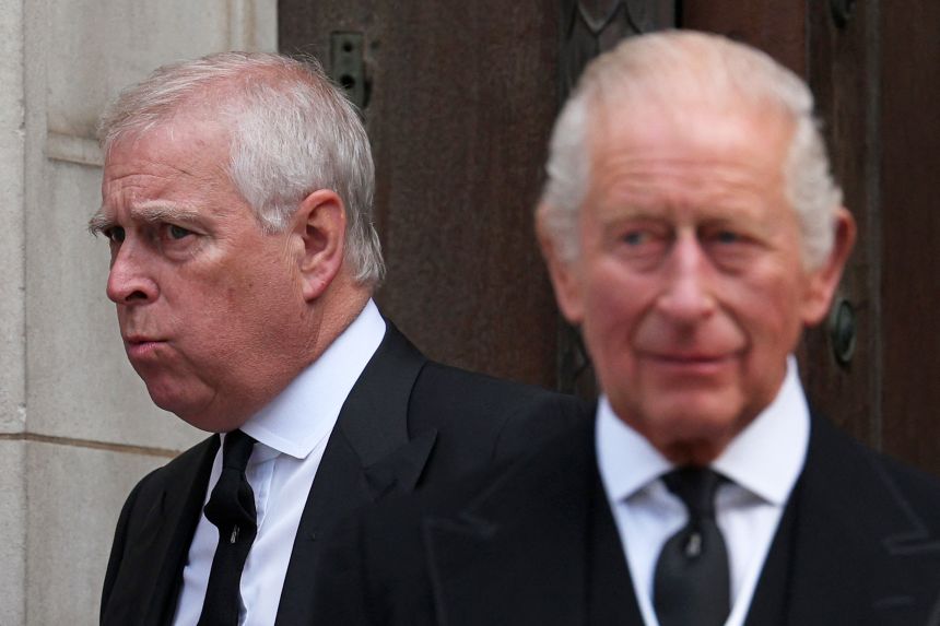 Andrew and King Charles III leave following a funeral service for the late Katharine, Duchess of Kent, at Westminster Cathedral in London on September 16.