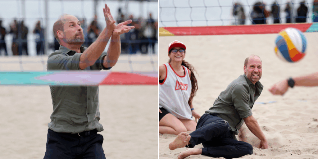 Prince William trips and falls while playing volleyball barefoot as crowd gasps