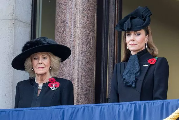 LONDON, ENGLAND - NOVEMBER 9: Catherine, Princess of Wales and Queen Camilla during the 2025 National Service Of Remembrance at The Cenotaph on November 9, 2025 in London, England. Every year, members of the British Royal Family join politicians, veterans and members of the public to remember those who have died in combat. (Photo by Mark Cuthbert/UK Press via Getty Images)